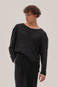 Double Mesh Long Sleeve Top - Black / XS